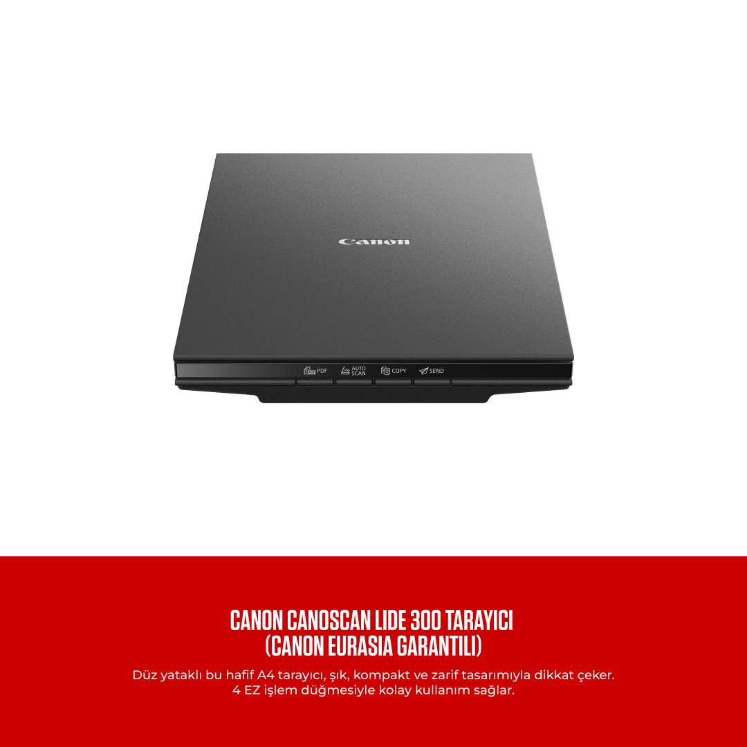 Beyaz bir arka plan üzerinde siyah bir Canon tarayıcı. Bir düğme paneli ve logosu var.