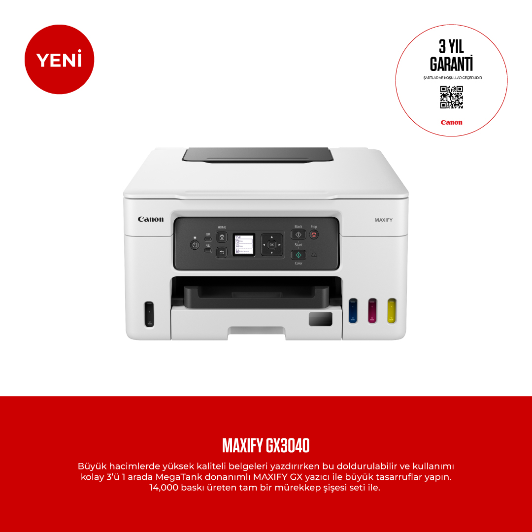 CANON Maxify GX3040 Wi-Fi + Tarayıcı + Fotokopi Renkli Çok Fonksiyonlu Tanklı Mürekkep Püskürtmeli Yazıcı