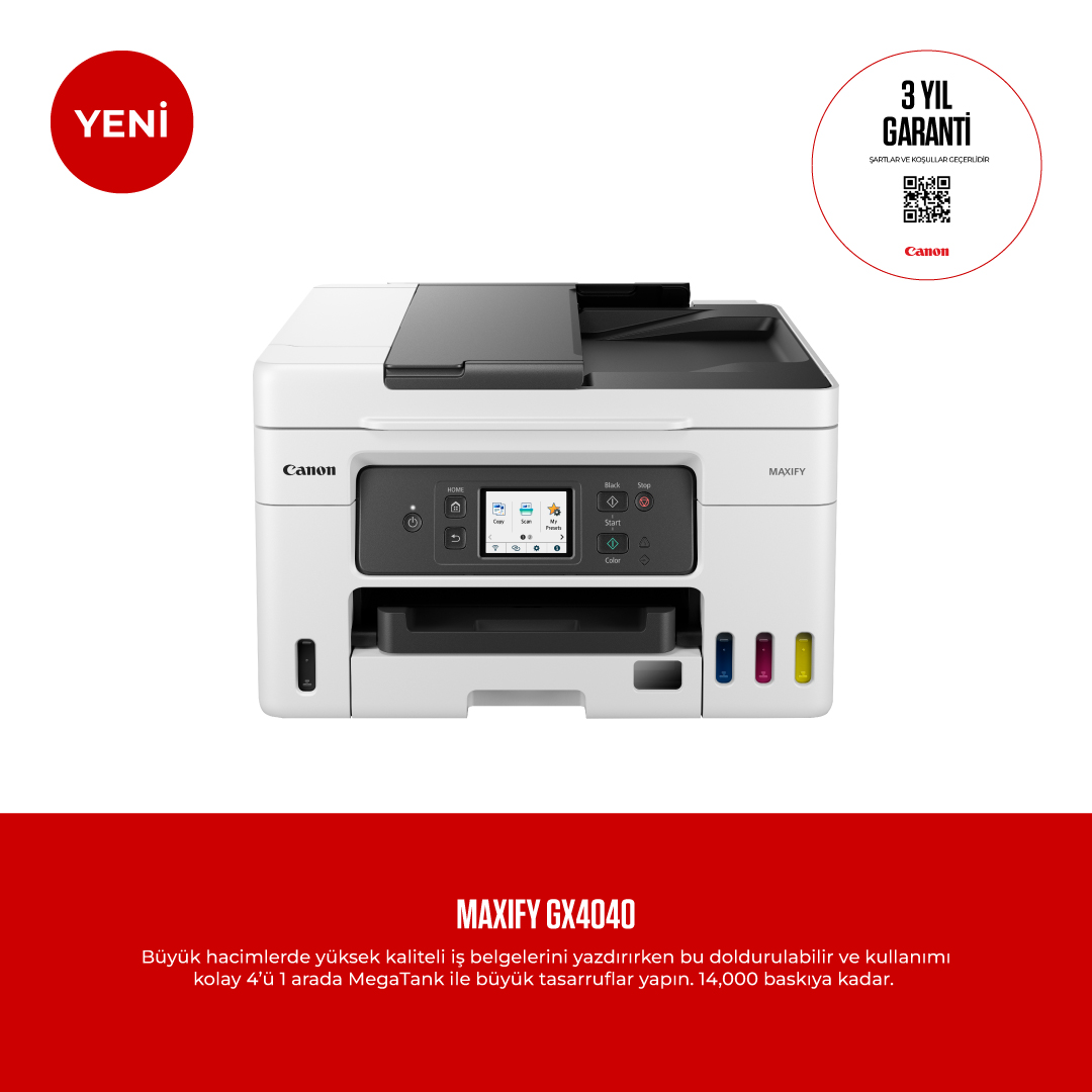 Siyah üstlü beyaz Canon yazıcı, kırmızı tanıtım afişi ve QR kodu.