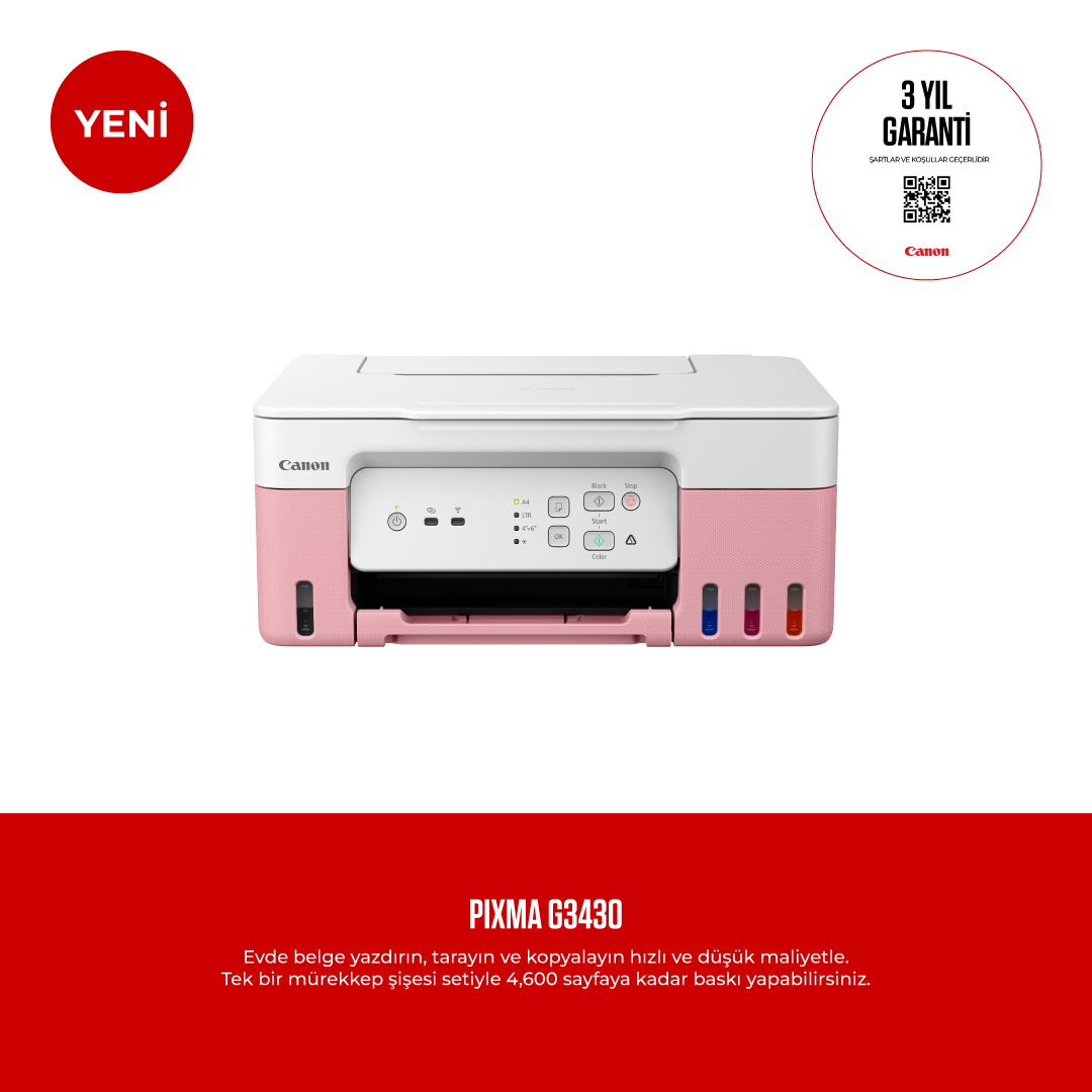 Pembe ve beyaz bir Canon yazıcı, mürekkep tanklarıyla. 'Yeni' etiketi ve '3 YIL GARANTİ' logosu var.