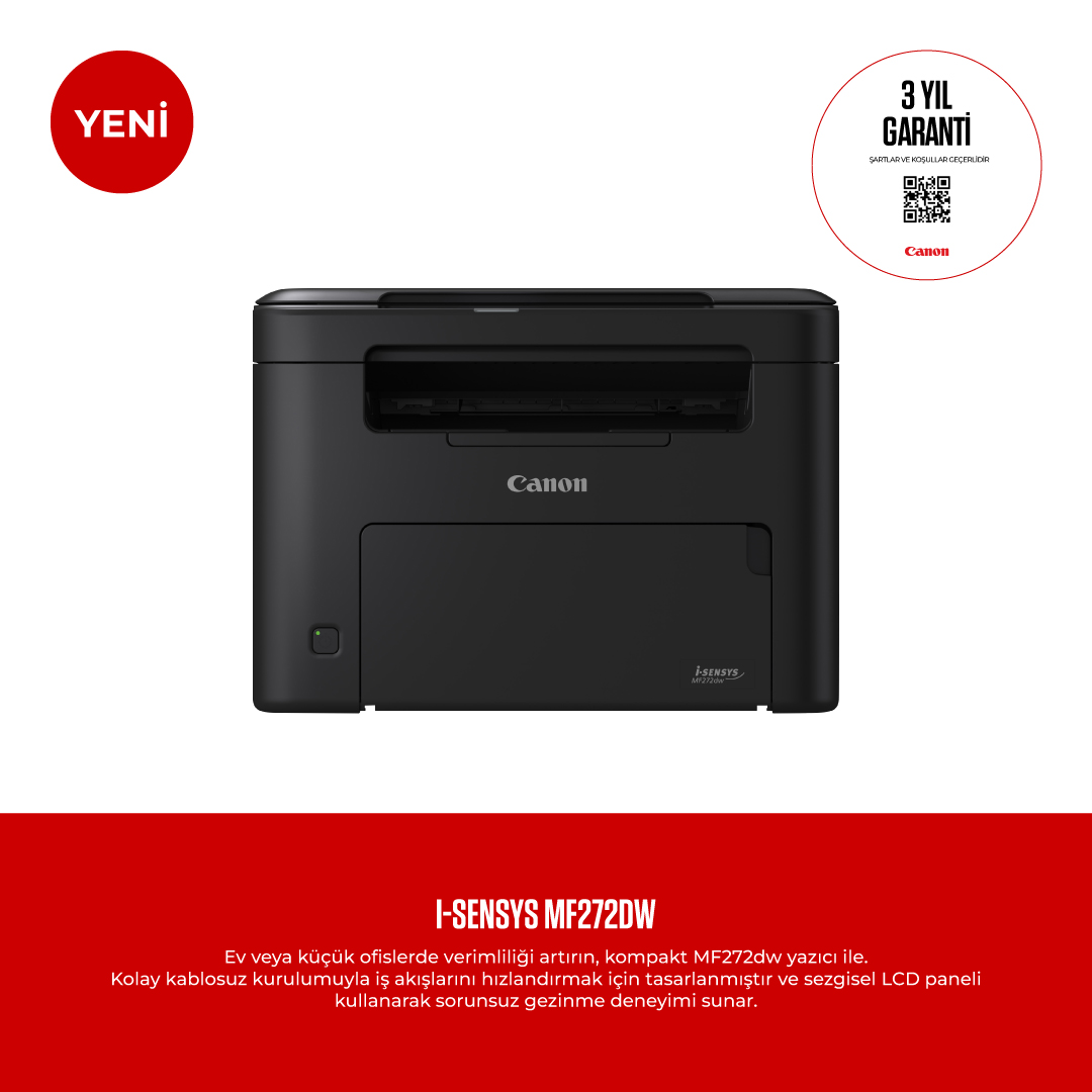 Kırmızı arka planda garanti ve yeni rozetleri olan siyah Canon i-SENSYS MF272dw yazıcı.