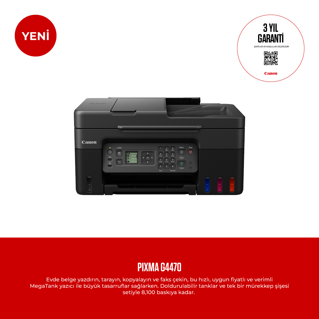 Metinli Canon PIXMA G4470 yazıcı. Renkli mürekkep kartuşlu siyah yazıcı. Beyaz zemin.