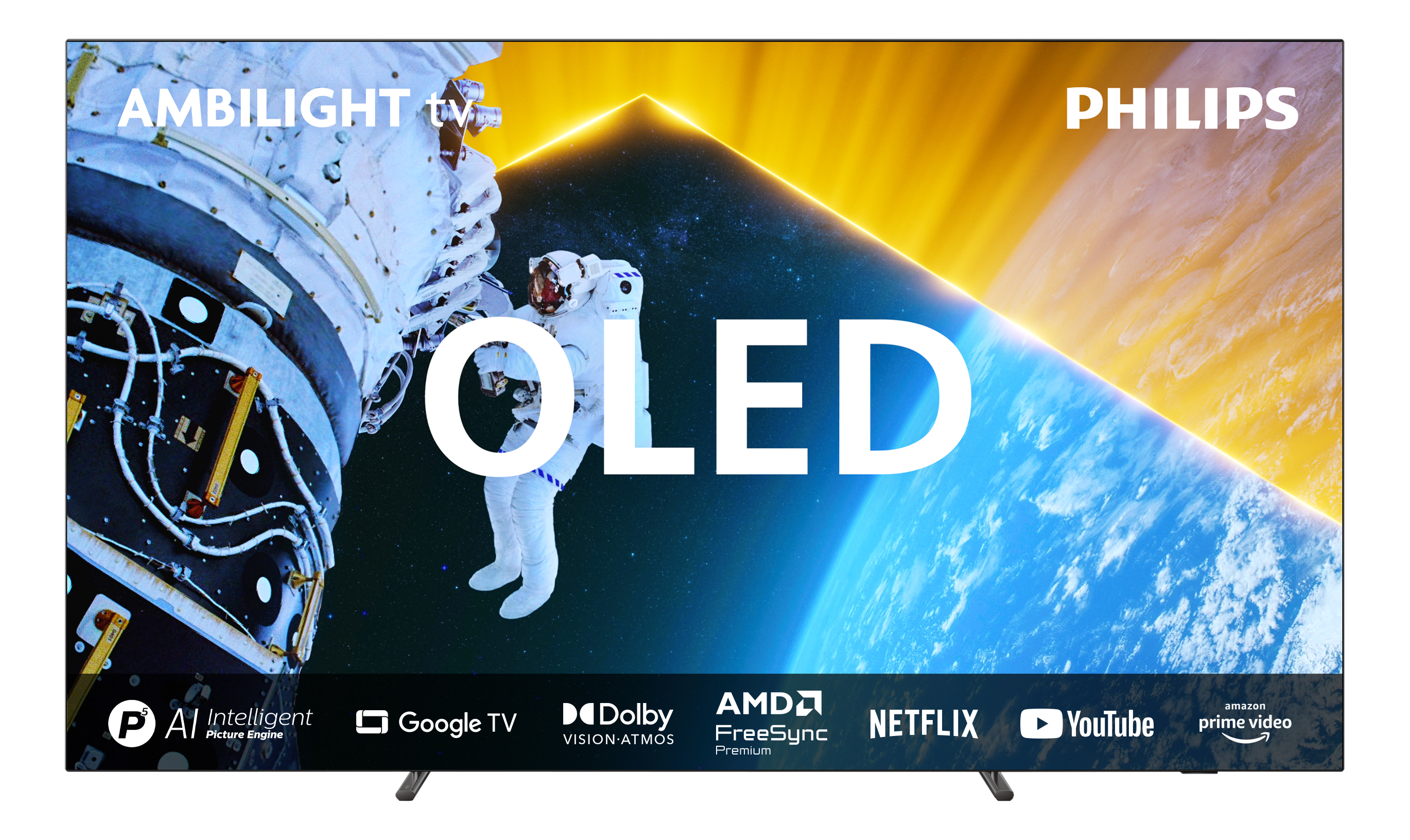 Grande TV OLED che mostra spazio e terra con loghi sotto.
