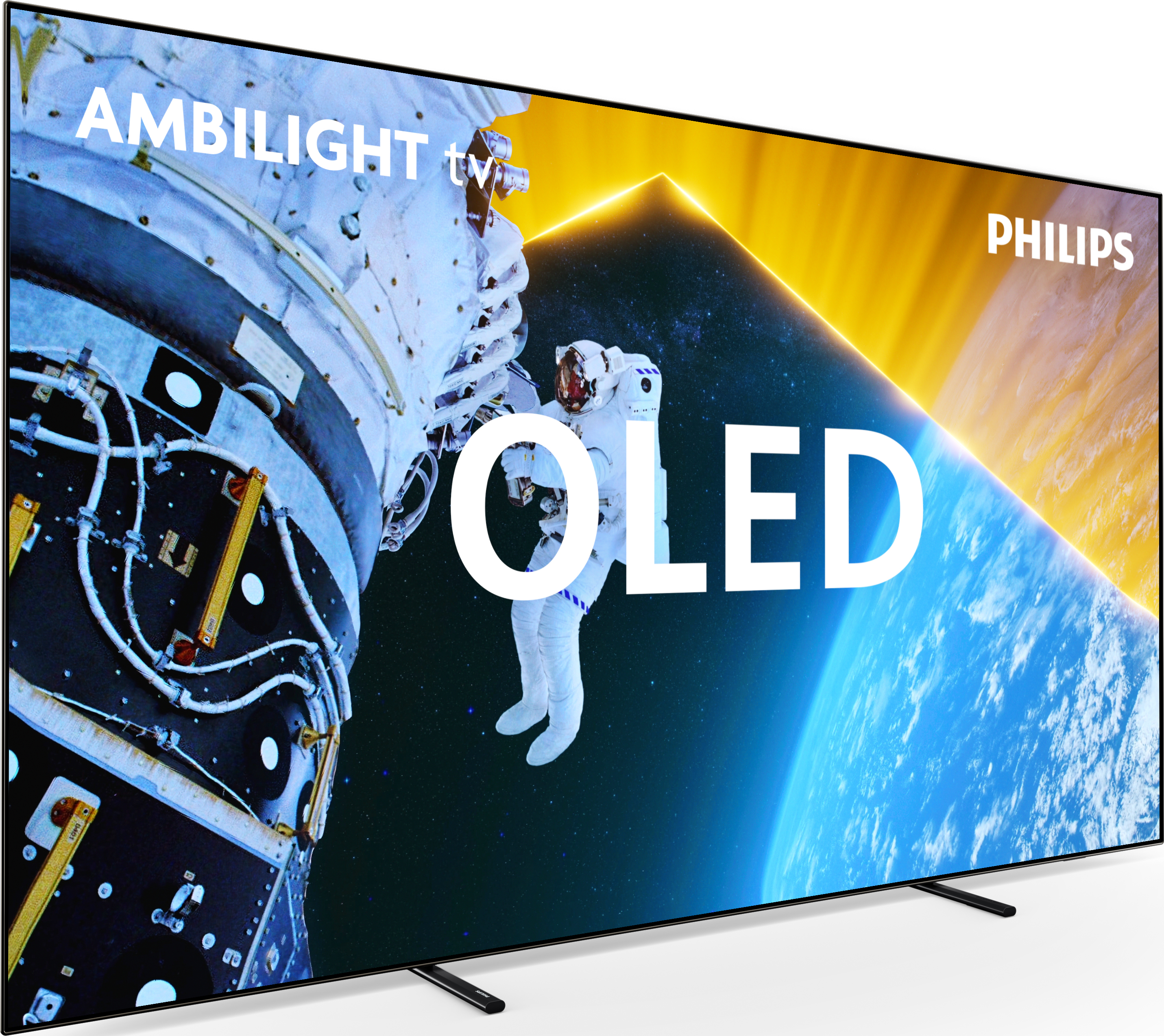 Grande TV OLED Philips che mostra una scena spaziale con un astronauta e una stazione spaziale.