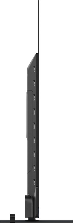 Vue latérale d'une télévision noire, avec un pied, montrant un design élégant.