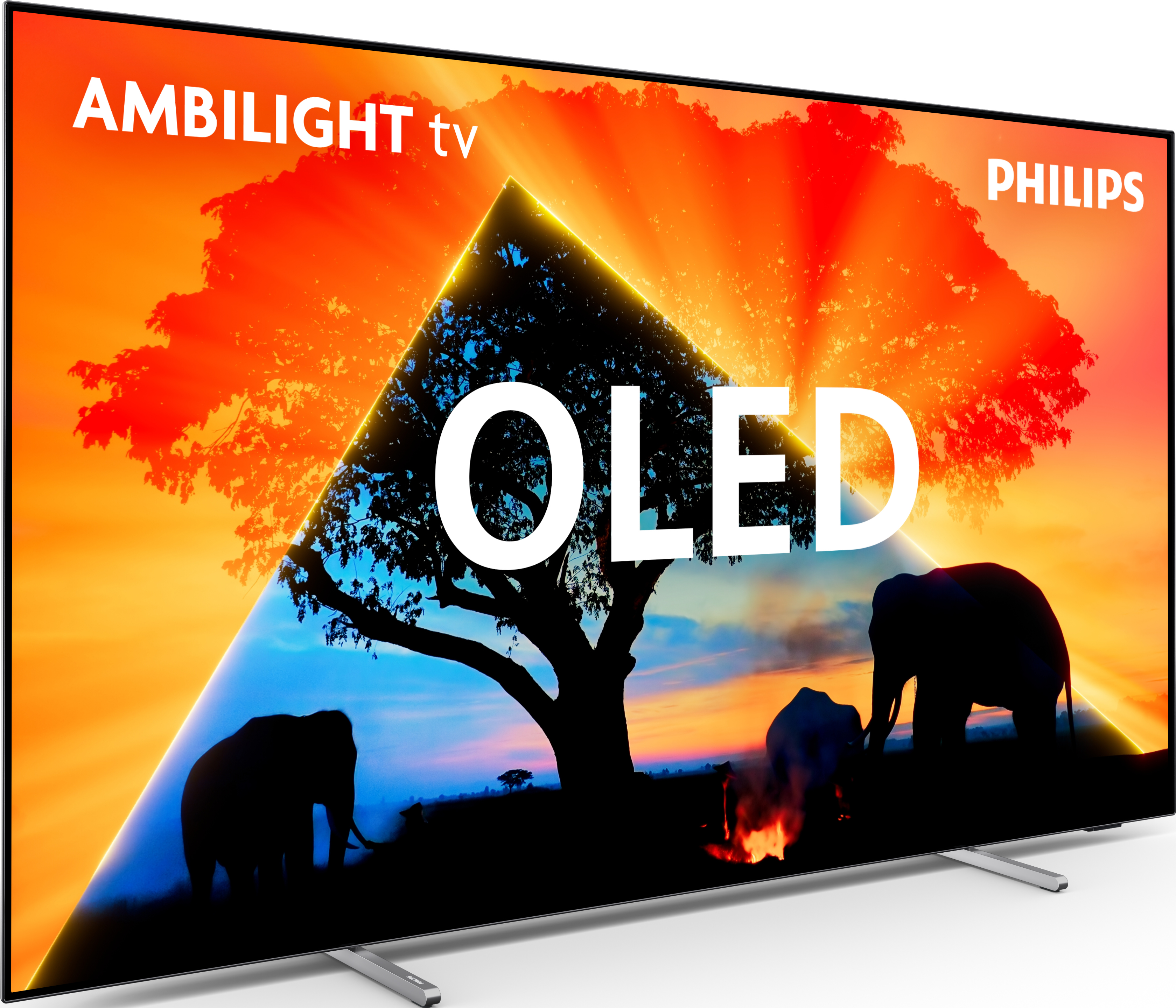 Téléviseur Philips OLED avec une scène vibrante. Silhouettes d'éléphants sous un arbre. Arrière-plan coloré.