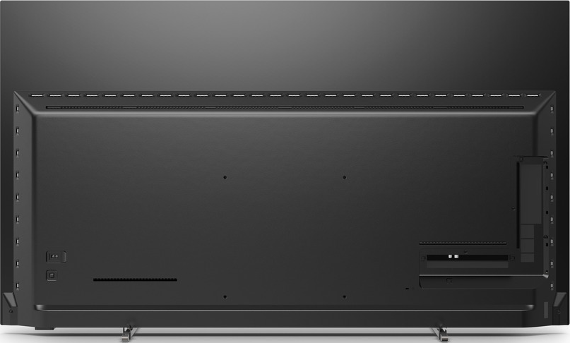 L'arrière d'un téléviseur Philips noir montrant les ports, les ventilations et un support.