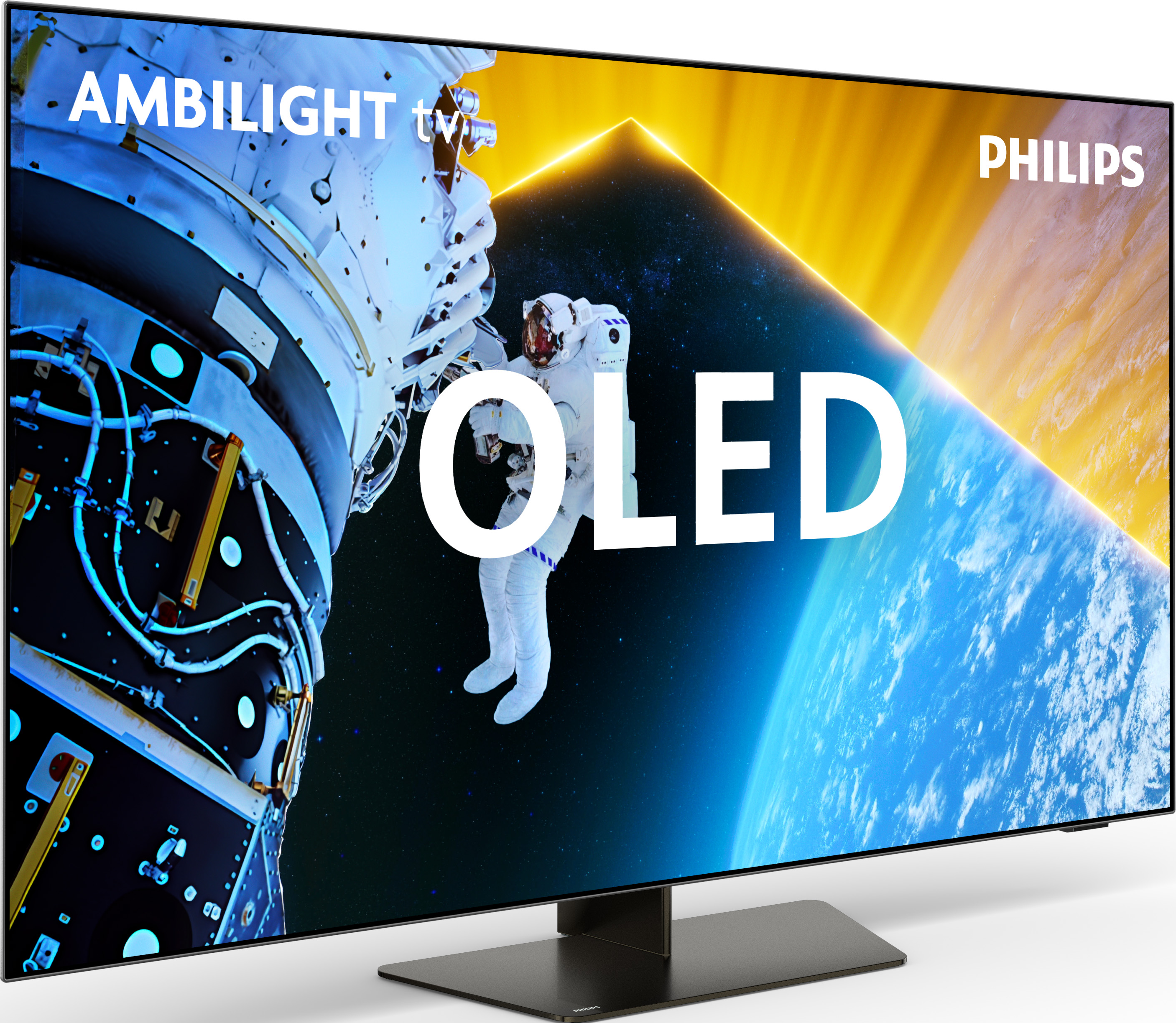 Grand téléviseur OLED montrant une scène spatiale avec un astronaute. Ambilight et logo Philips.