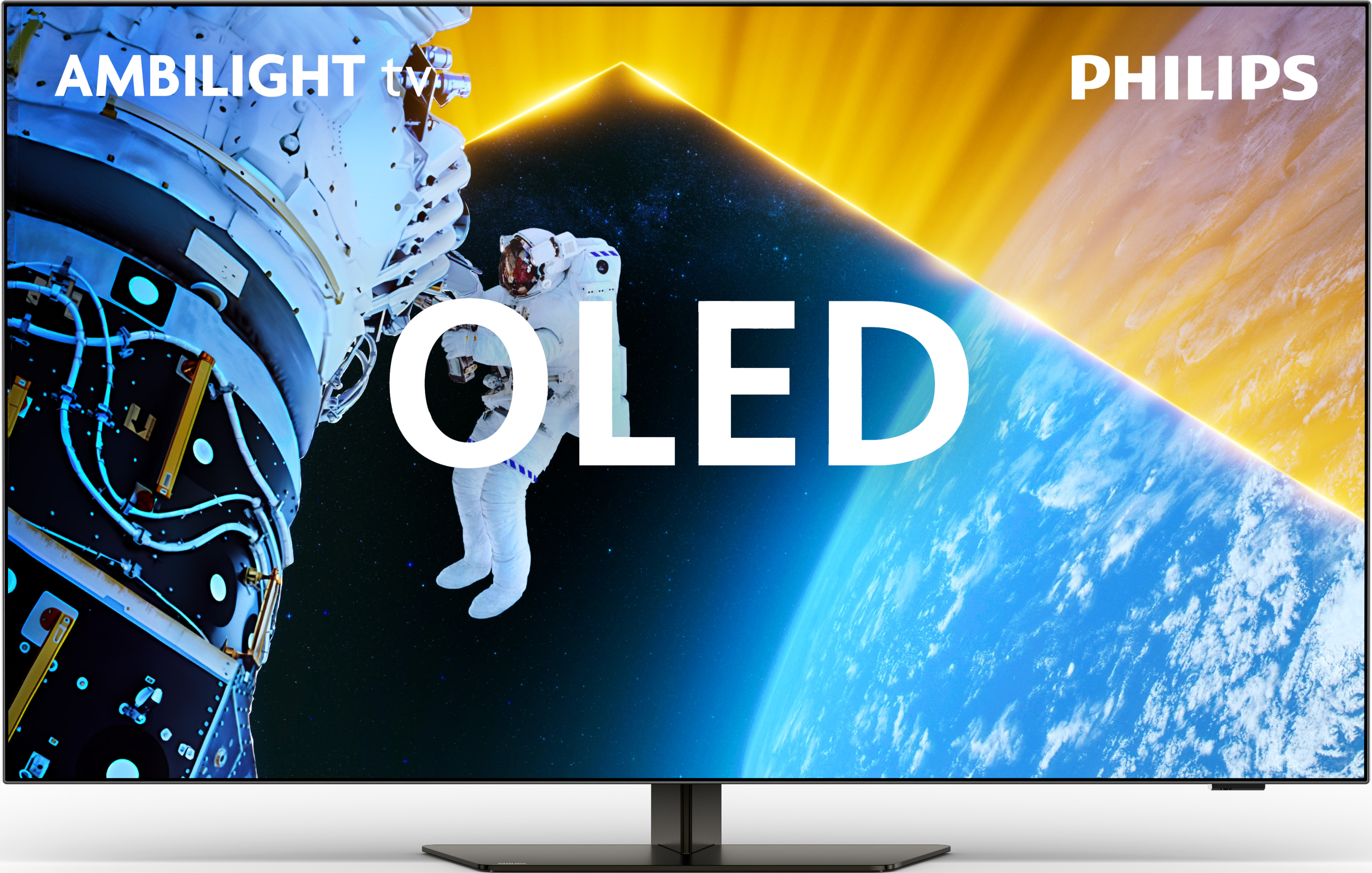 Grand téléviseur avec image d'astronaute, texte OLED blanc et le logo Philips.