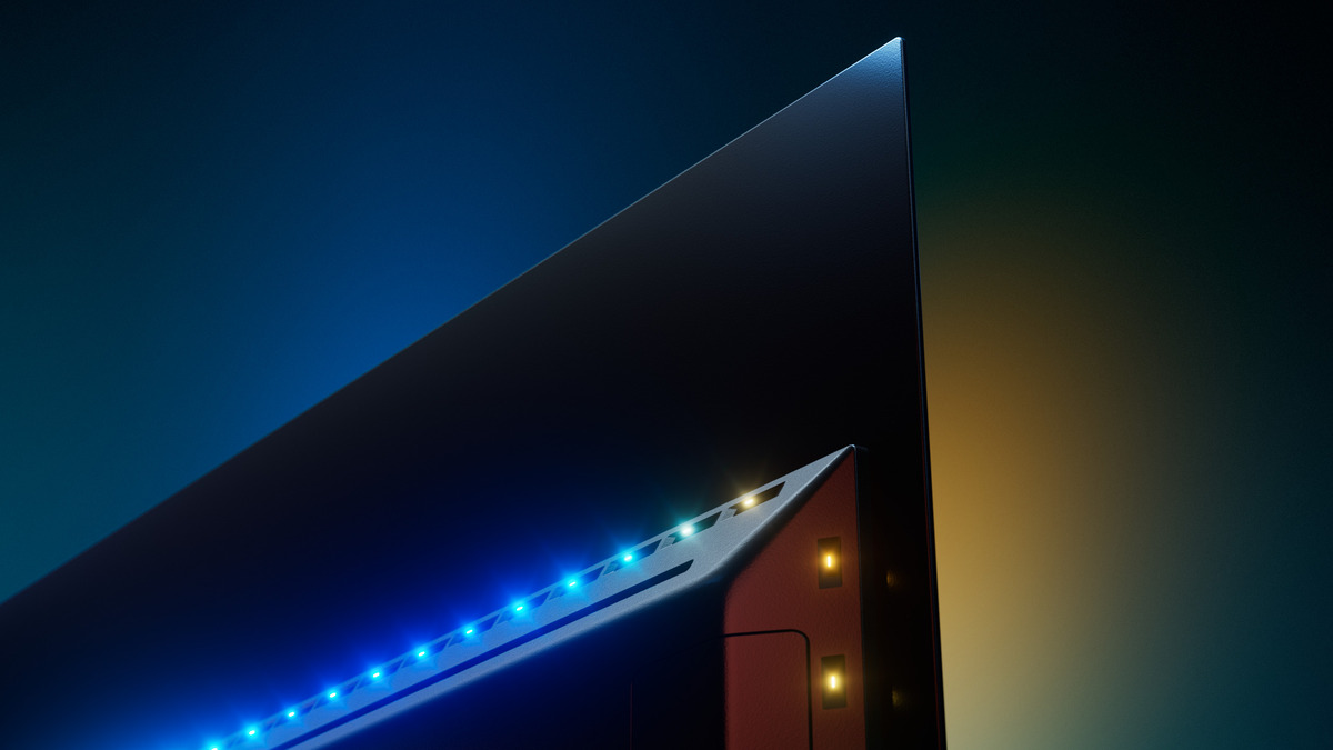Gros plan d'un téléviseur. Des lumières bleues sont visibles en bas. La télévision est noire.