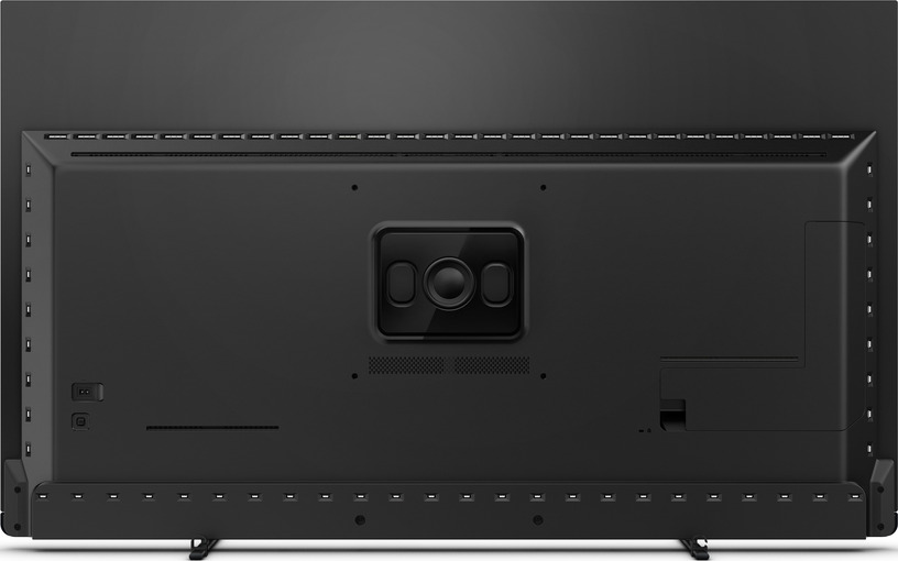 Retro di una TV nera con porte per varie connessioni.