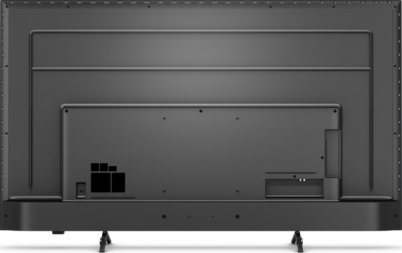 Rückseite eines dunkelgrauen Fernsehers mit Anschlüssen und Ständern.
