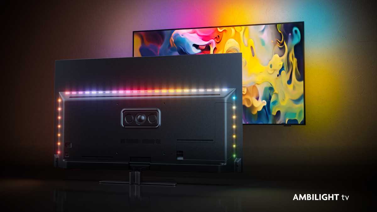 Due TV, il retro di uno con LED multicolore e una vista frontale di un altro. Ambilight TV è visibile.