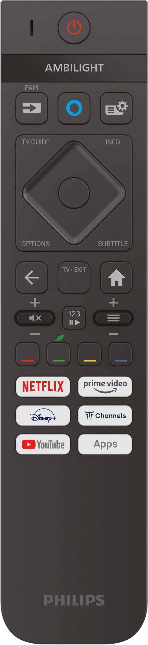 Telecomando Philips TV con vari pulsanti, tra cui Netflix, YouTube e App.