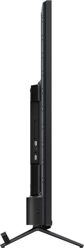 Vista laterale TV nera con porte, su supporto.