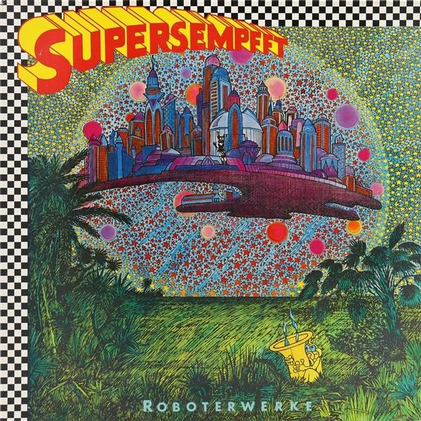 Albumcover. Eine futuristische Stadt mit einem Raumschiff über einem Dschungel, umgeben von Sternen und Schachbrettmuster.
