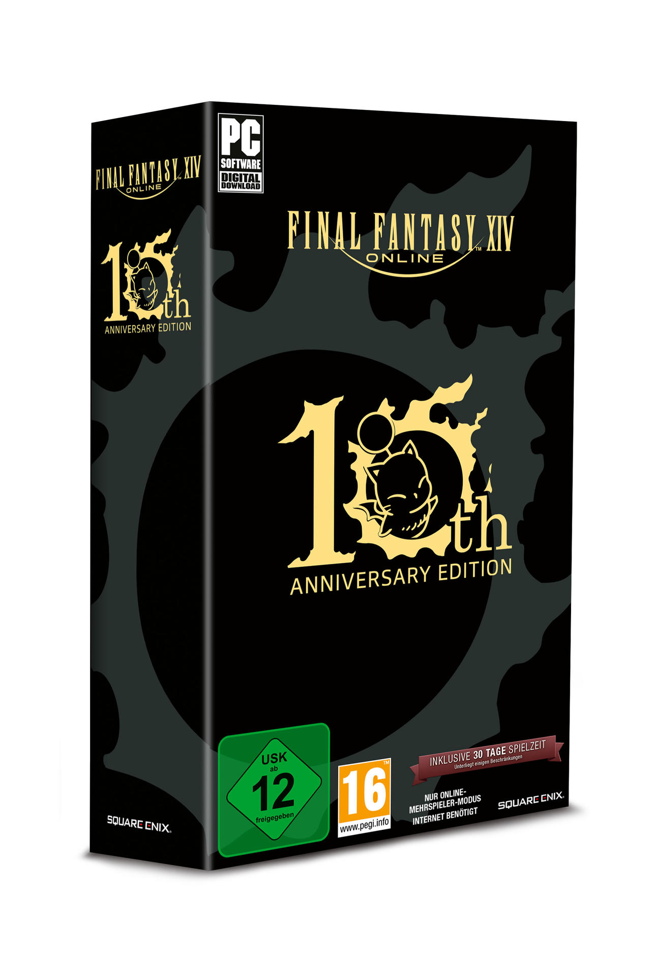 Final Fantasy XIV Spielbox. Schwarz mit goldener Schrift, 10th Anniversary Edition. USK 12 Logo.