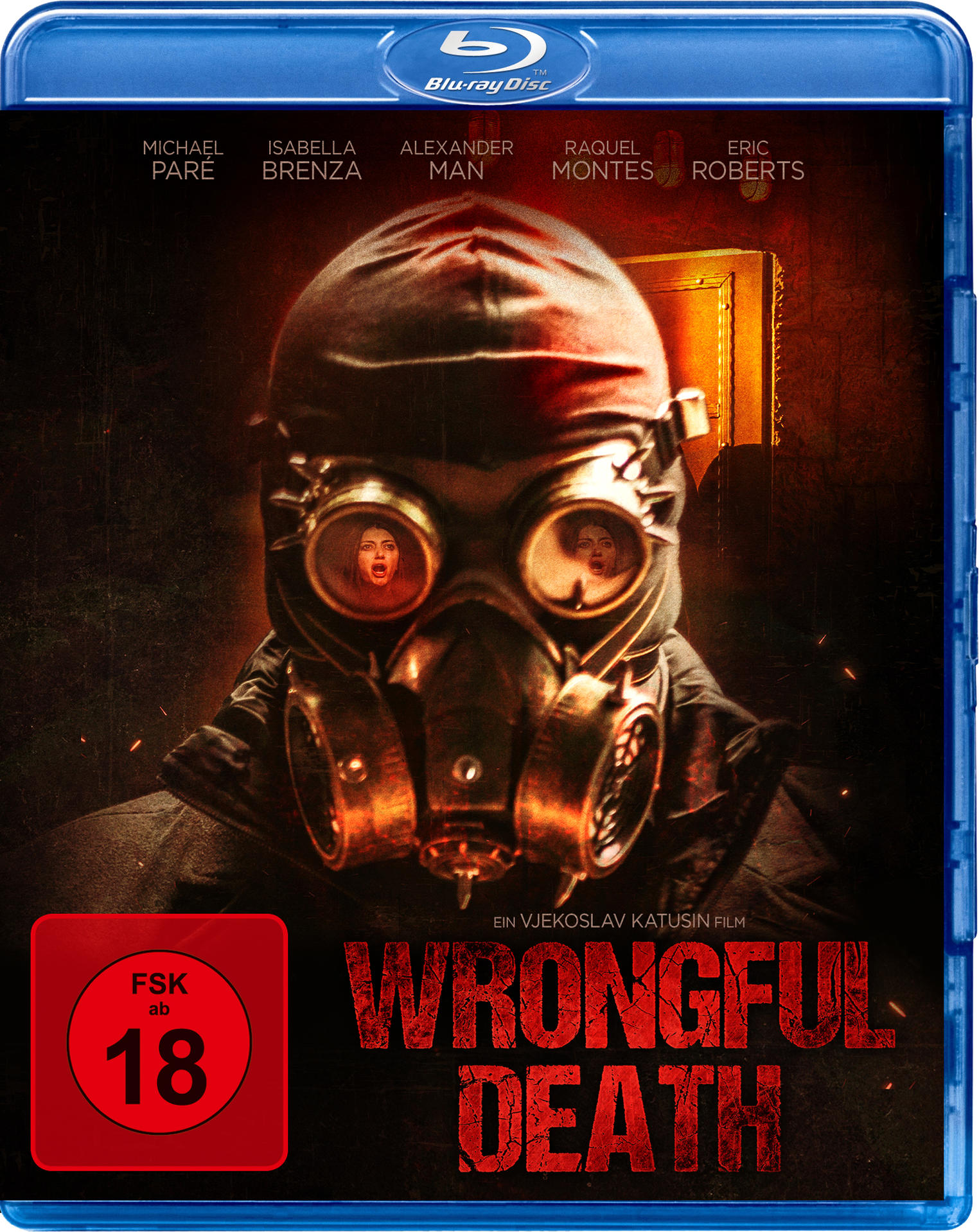 Blu-ray-Filmcover: Gasmaske, zwei Gesichter und Text 'WRONGFUL DEATH' auf rotem Hintergrund.