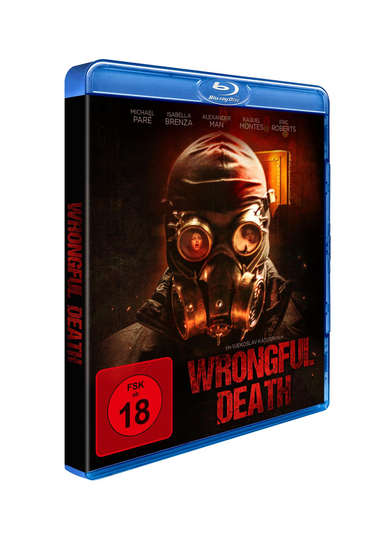 Blu-ray-Hülle mit einem Mann mit Gasmaske auf dem Cover. Der Titel lautet 'Wrongful Death'.
