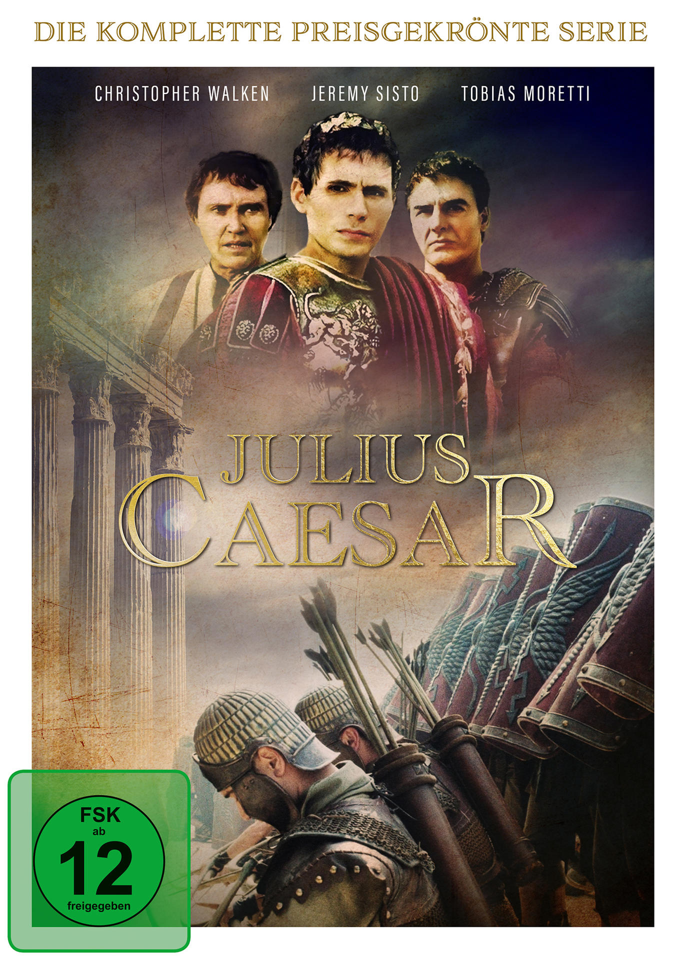 DVD-Cover für 'Julius Caesar'. Zeigt Schauspieler und Soldaten mit Text in Gold.