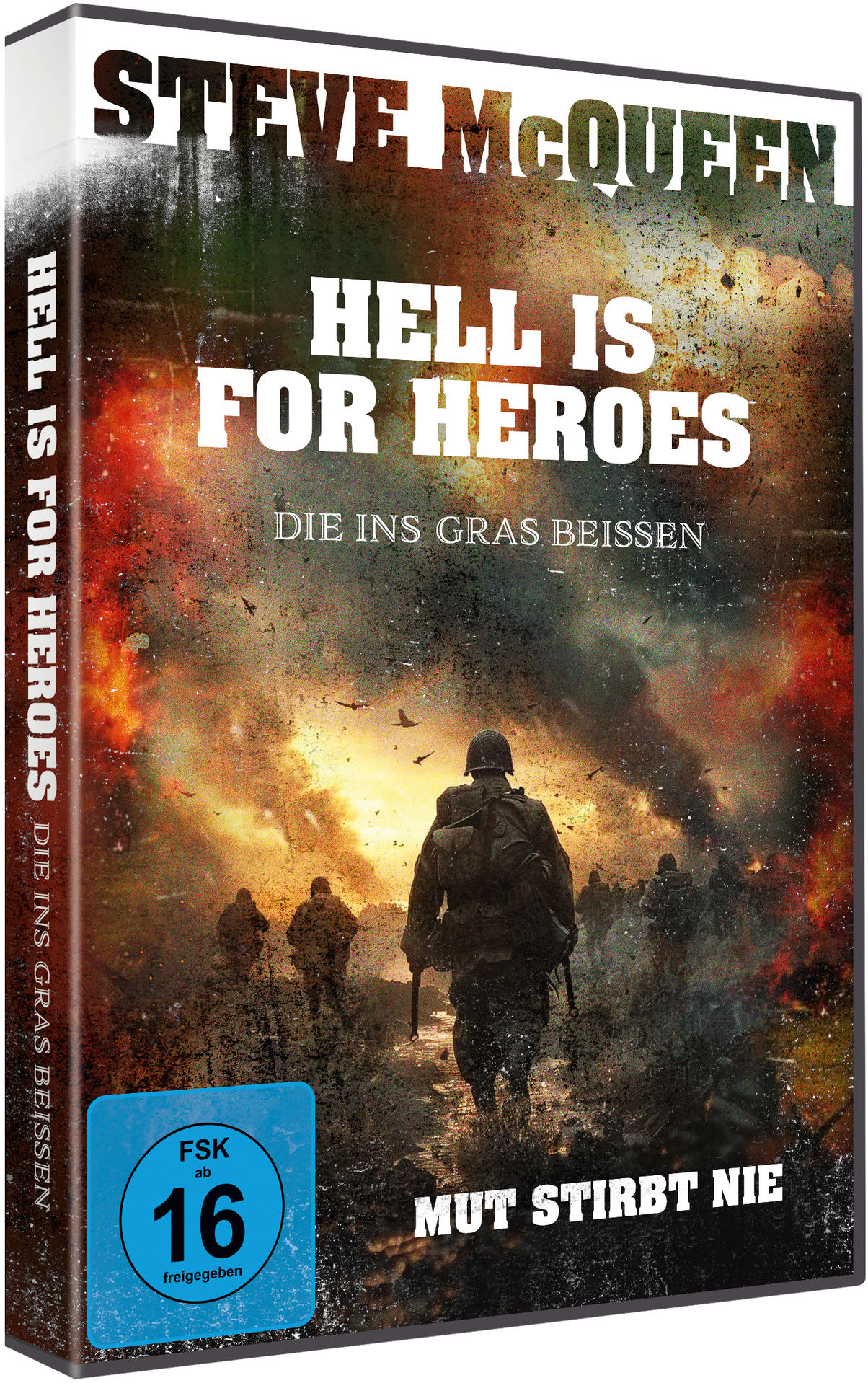 DVD-Hülle von 'Hell is for Heroes' mit Soldaten in Kriegs-Szene und deutschem Text.