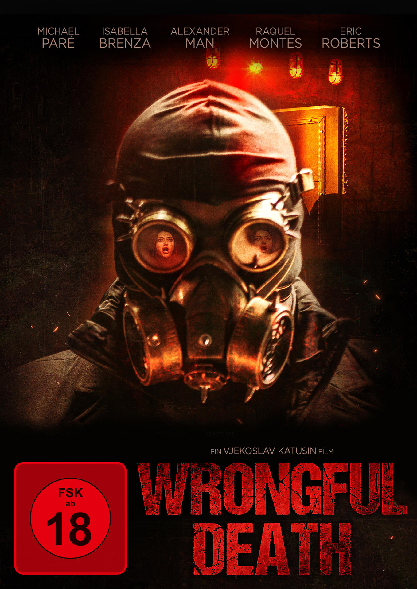 Filmposter, eine Person mit Gasmaske. Text ist auf Deutsch, Titel ist Wrongful Death.