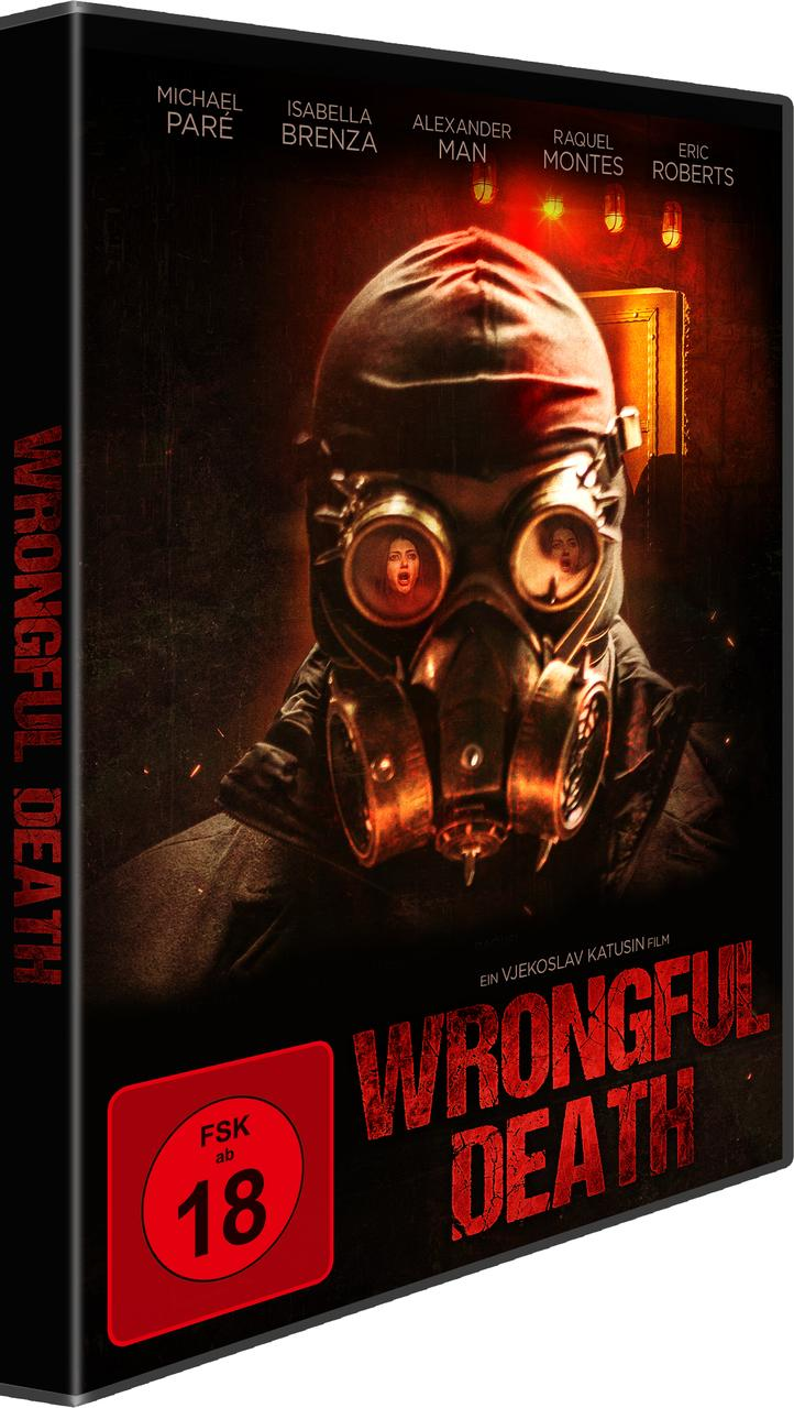 DVD-Cover für den Film 'Wrongful Death'. Eine Person mit Maske wird gezeigt. Die Bewertung ist FSK 18.