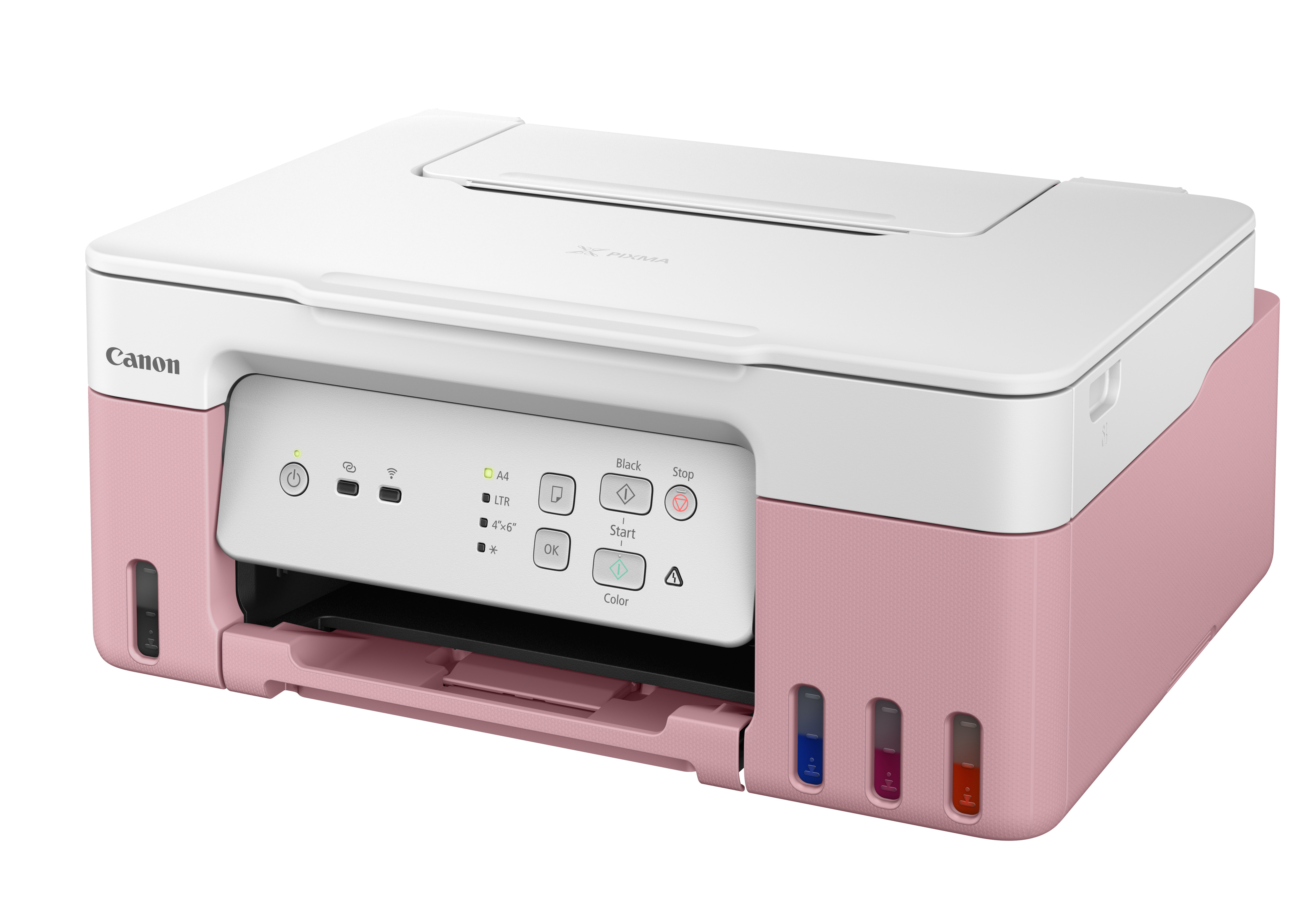 Pembe ve beyaz Canon Pixma yazıcı. Açma/kapama, siyah, renk ve durdurma düğmeleri. Mürekkep kartuşları görünür.