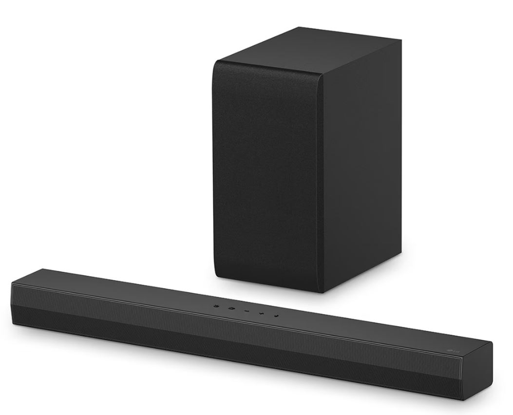 Beyaz bir arka plan üzerinde, her ikisi de siyah bir soundbar ve subwoofer seti.
