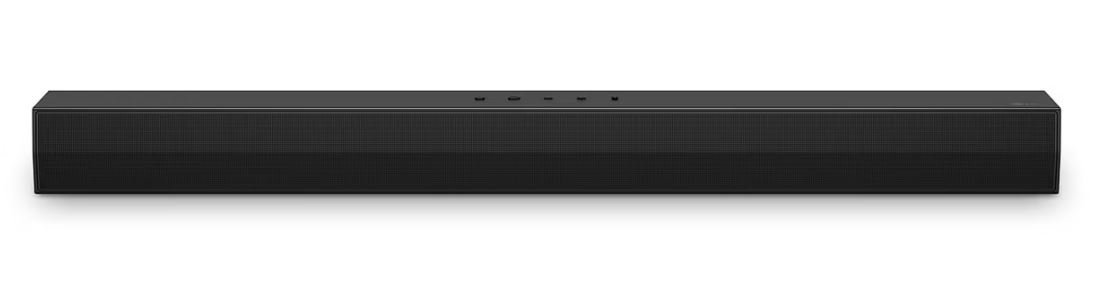 Beyaz arka plan üzerinde siyah bir soundbar. Dikdörtgen ve uzundur.
