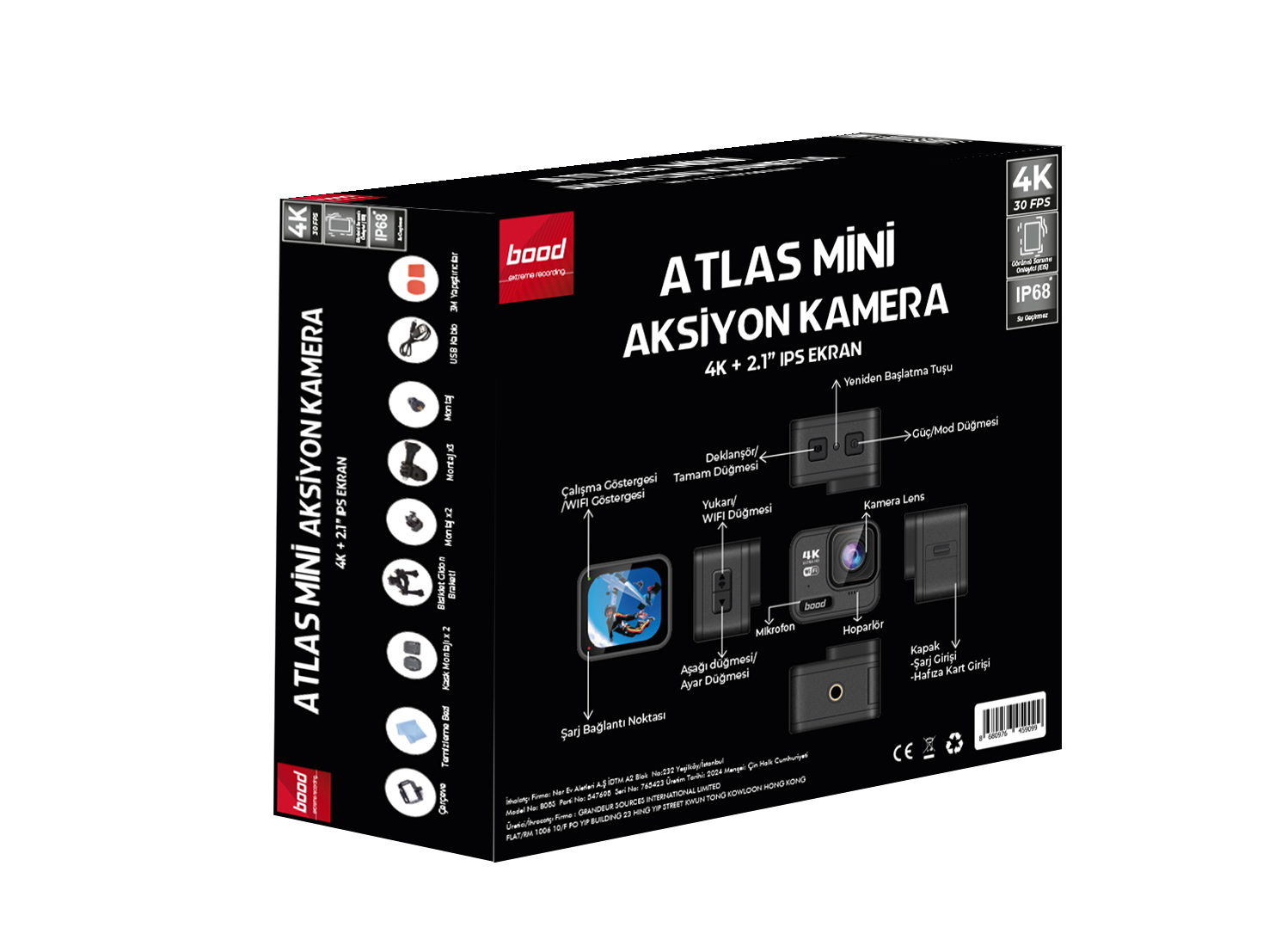 Siyah bir aksiyon kamerası için kutu, 4K ekran dahil detaylarla.