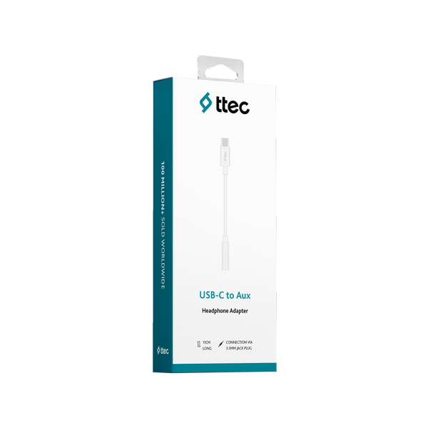 Beyaz bir arka plan üzerinde ambalajında beyaz USB-C - Aux kulaklık adaptörü.