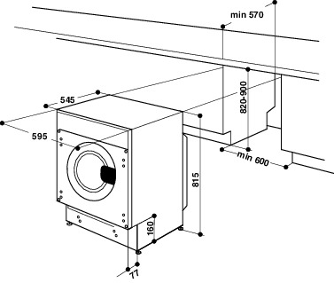 Vista isométrica de una lavadora, con dimensiones etiquetadas. Está montada dentro de un armario.