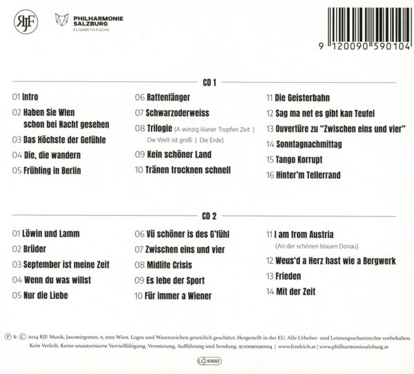 Die Rückseite einer CD mit Titelliste, Urheberrechtsinformationen und Logos. Der Hintergrund ist weiß.