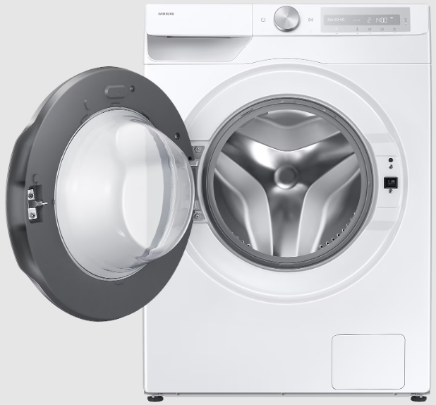 Biała pralka, drzwi otwarte, z szarą ramą drzwi.