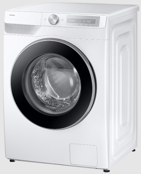 Biała pralka Samsung. Ładowanie od przodu z czarnymi drzwiami i wyświetlaczem cyfrowym. Czysty, nowoczesny design.