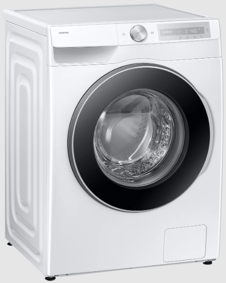 Biała pralka Samsung. Konstrukcja ładowana od przodu z czarnymi drzwiami i panelem sterowania.