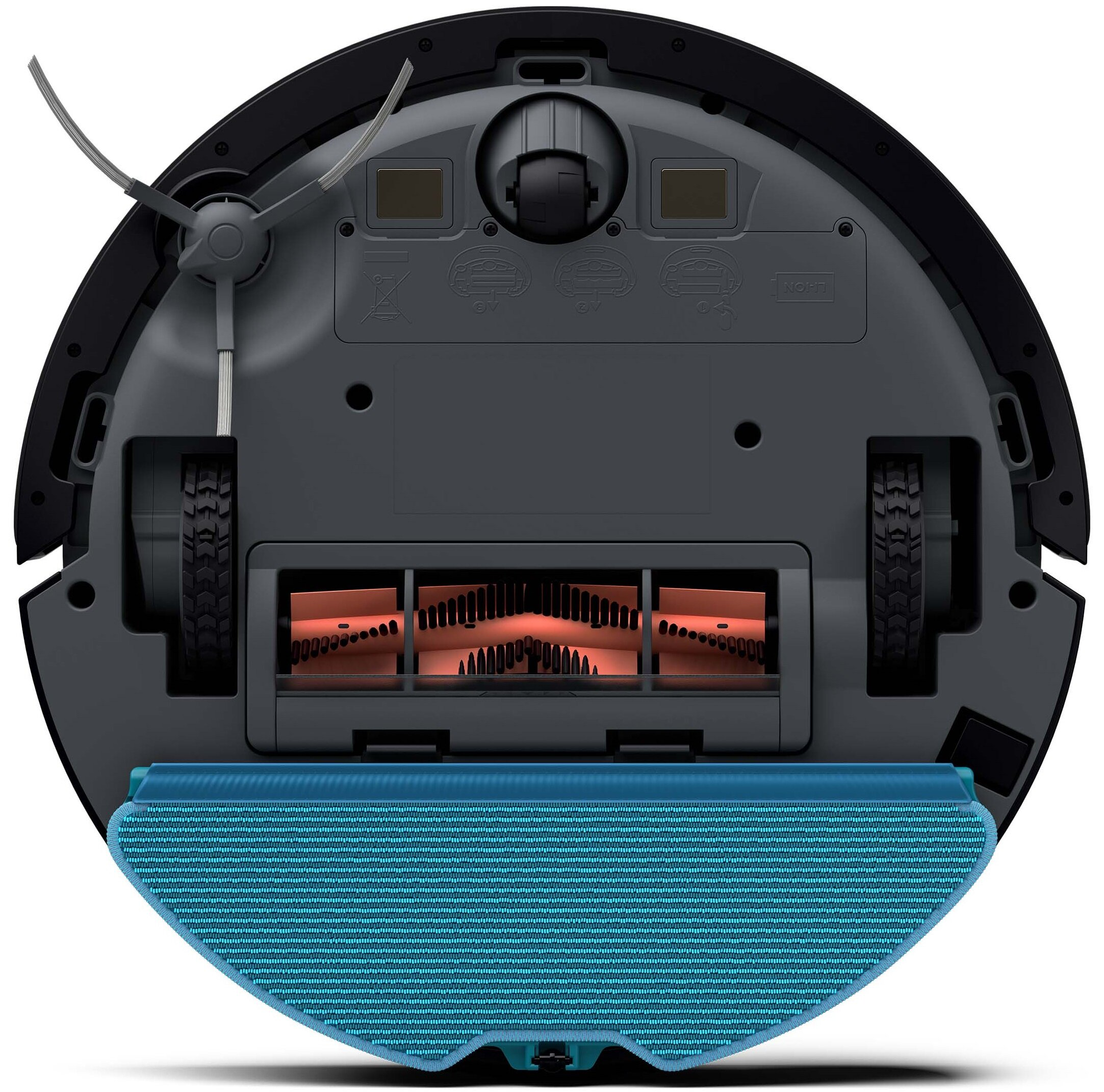 Spód robota sprzątającego z szczotkami i pojemnikiem na kurz.