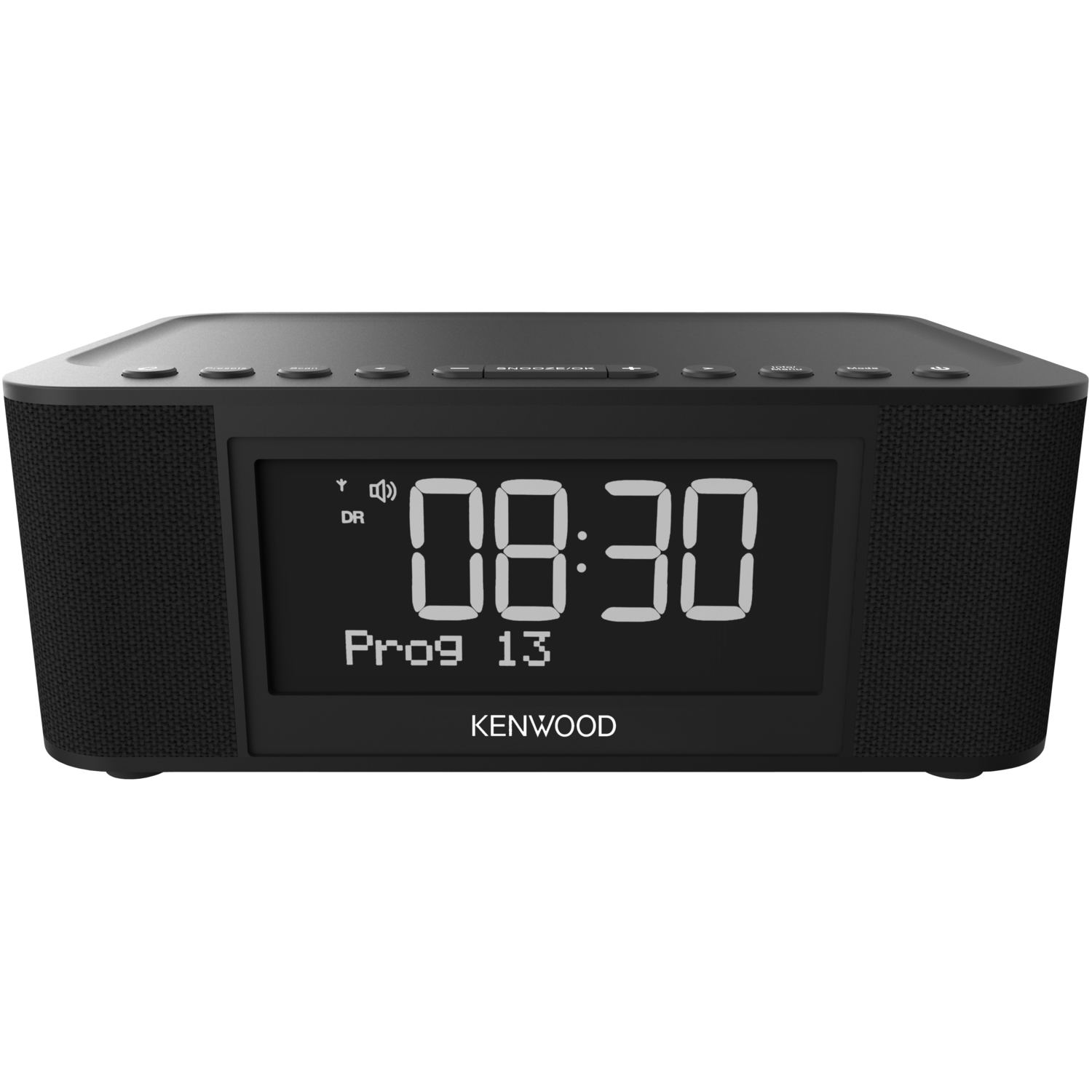 Black Kenwood radio alarm clock with digital display showing 08:30 and a program number.