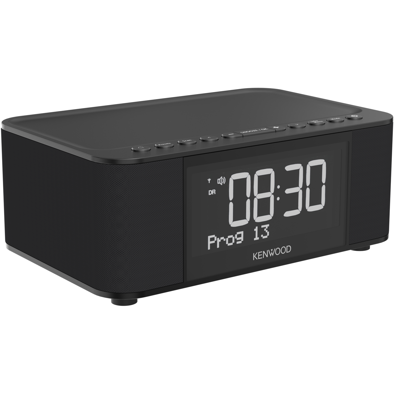 Black digital alarm clock with a clear display showing time and settings.