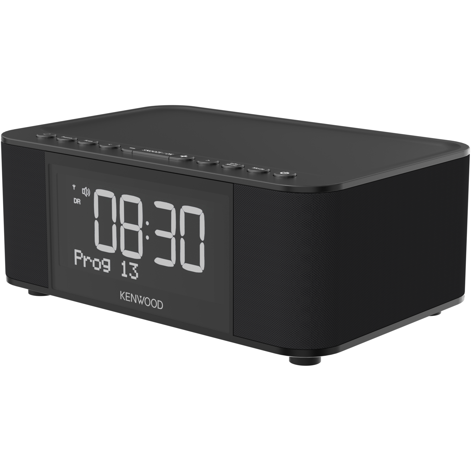 Black Kenwood clock radio displaying the time and station information on a black background.