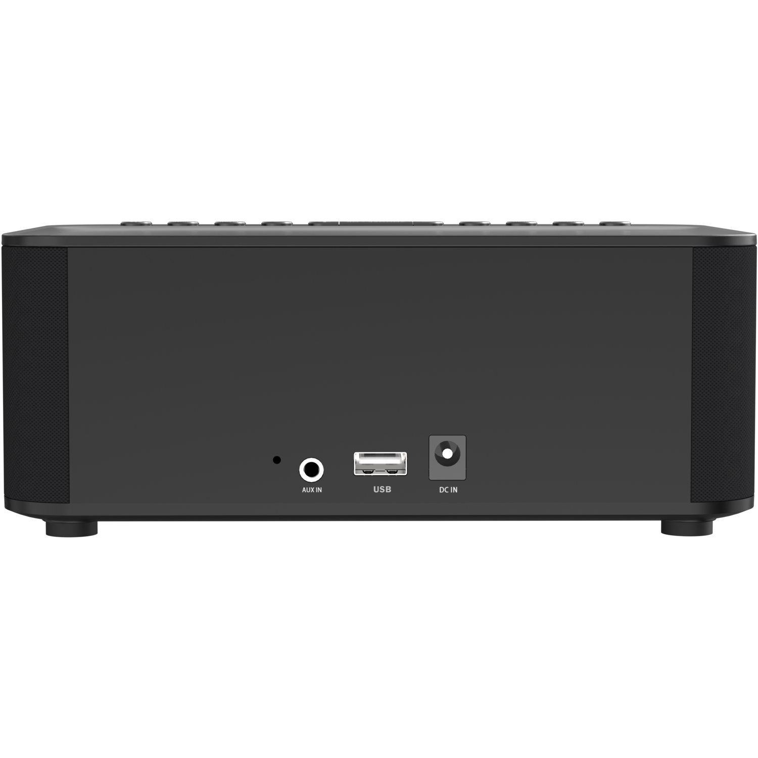 Black speaker rear view with aux in, USB, and DC in ports. Two textured side panels.