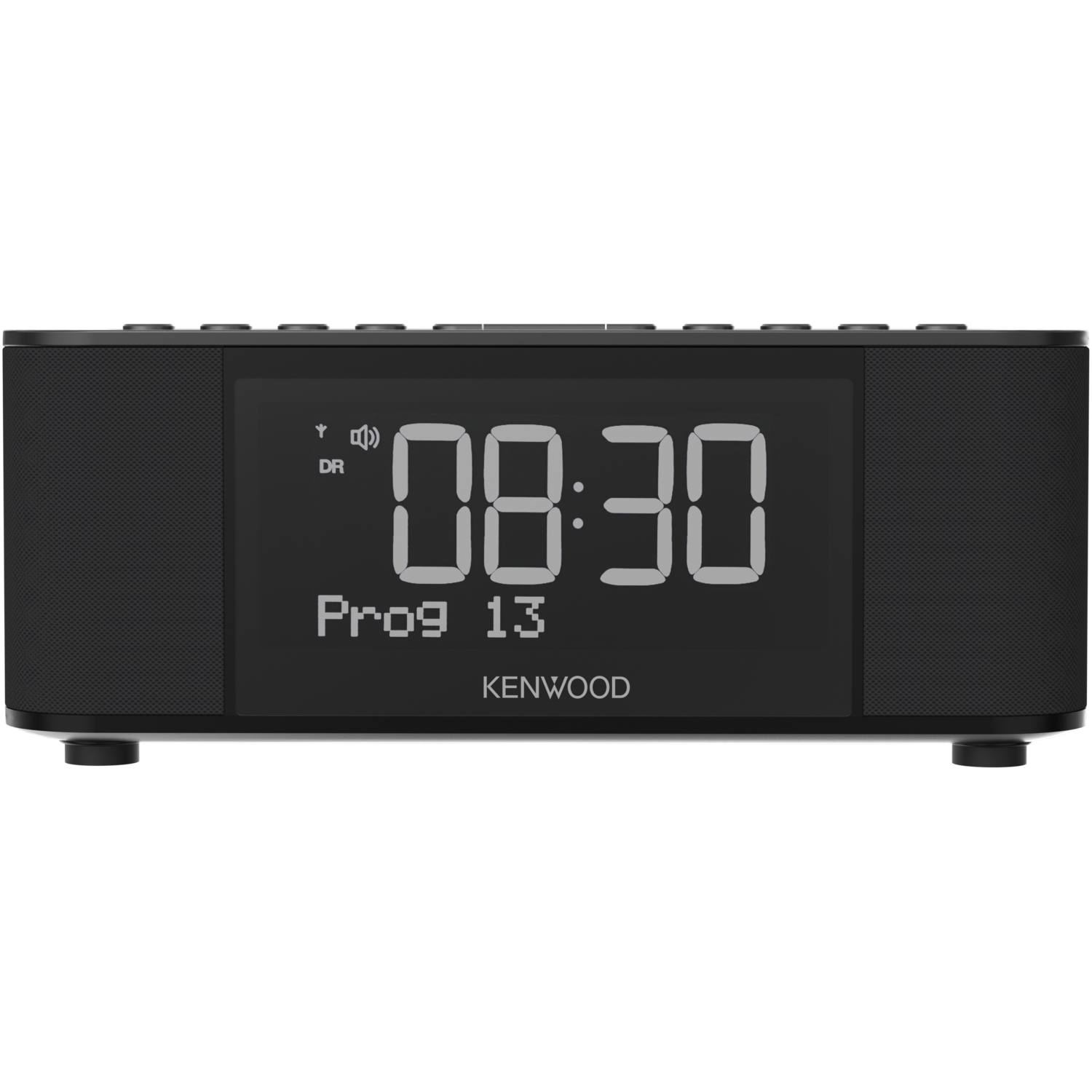 Black digital alarm clock displaying the time, with a 'KENWOOD' logo, and a DR indicator.