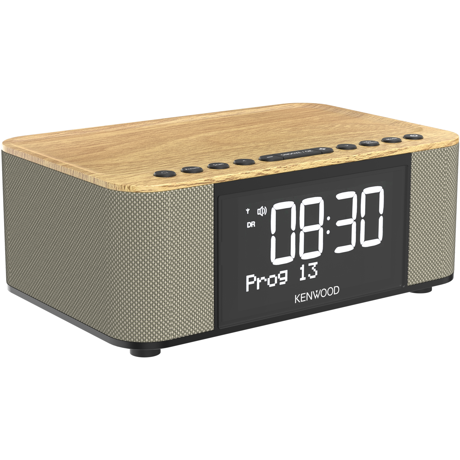 Digital alarm clock with a light wood top and display showing time.