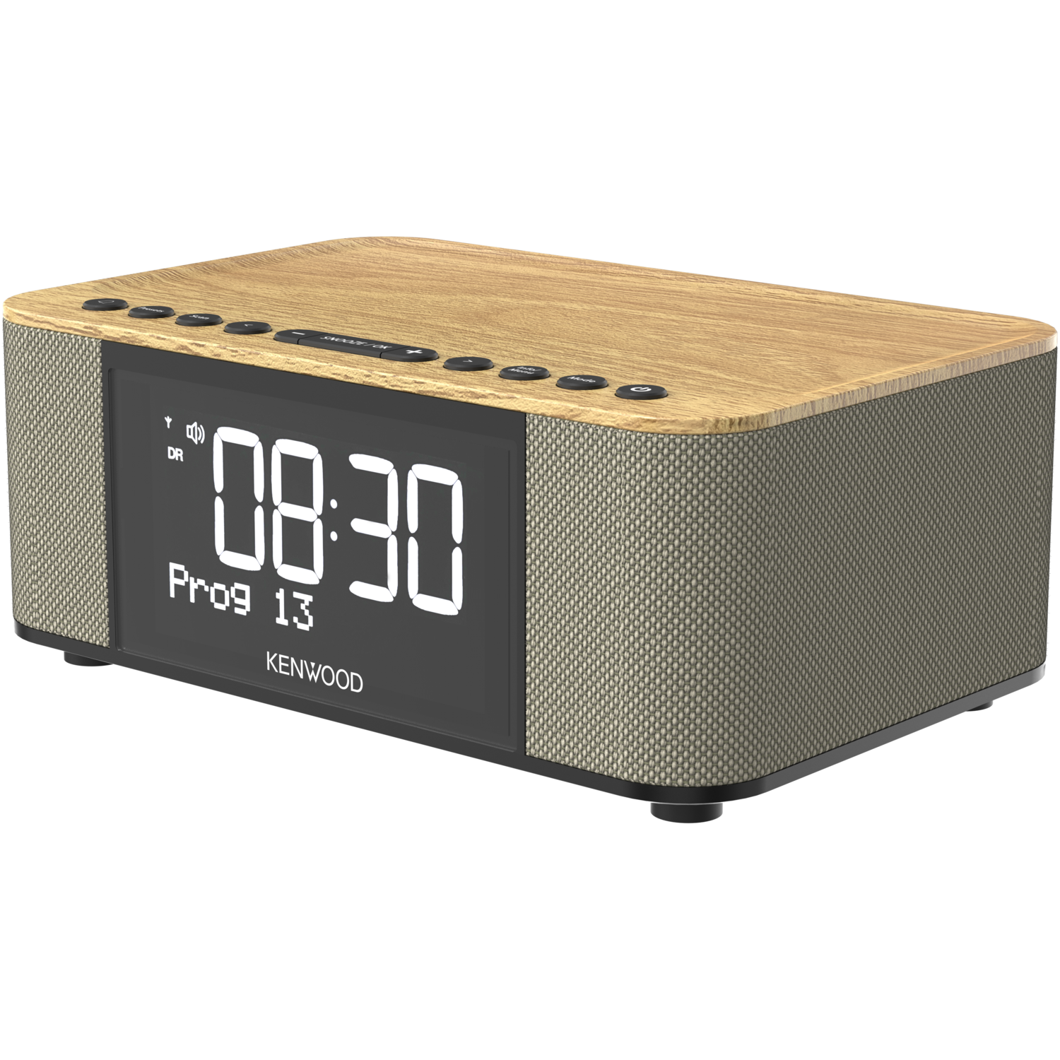Wooden-looking clock radio. A digital clock is visible. The Kenwood brand is also visible.