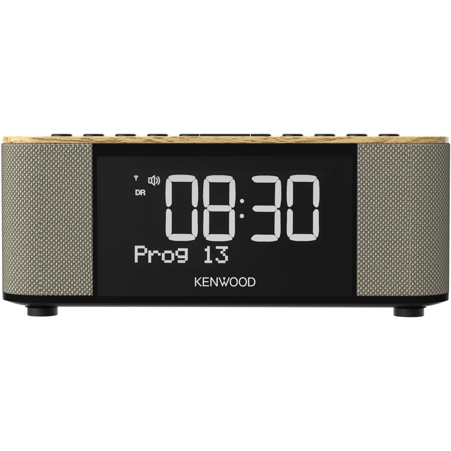A digital clock radio displays 08:30. The text "Prog 13" and "KENWOOD" are also visible.