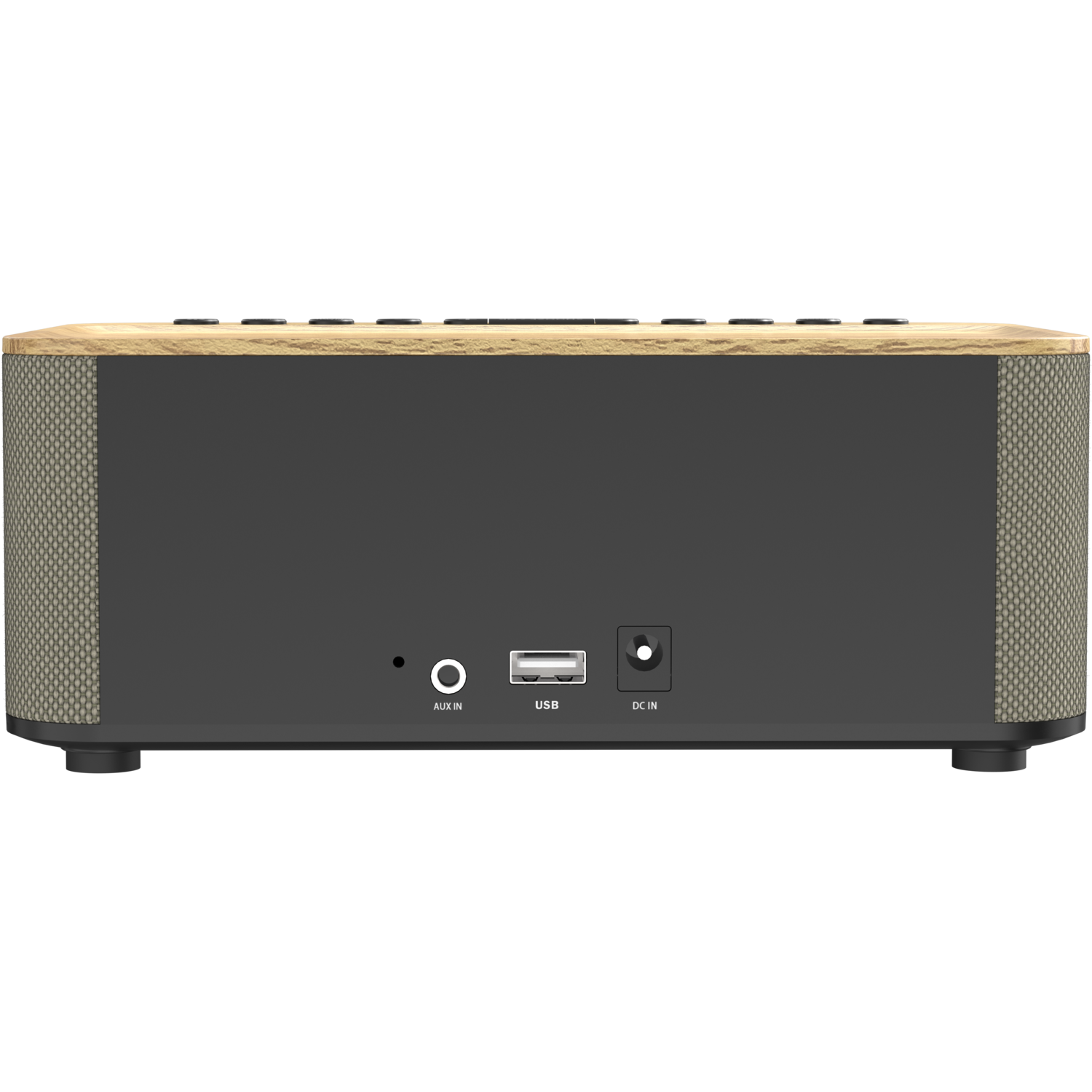 Back of a black speaker with a wooden top. Includes AUX, USB and DC IN ports.