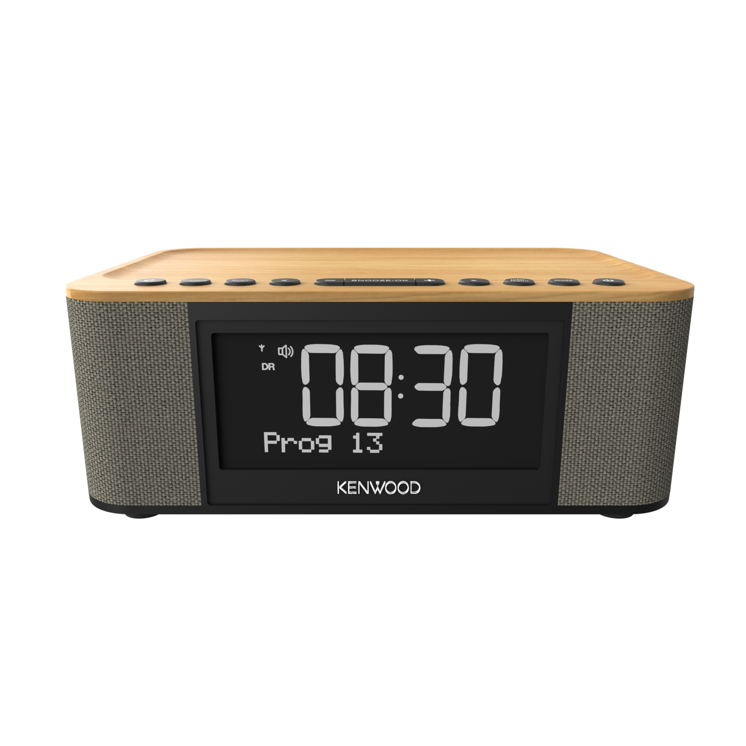 A digital Kenwood clock radio with a wood-tone top and gray speaker sides.