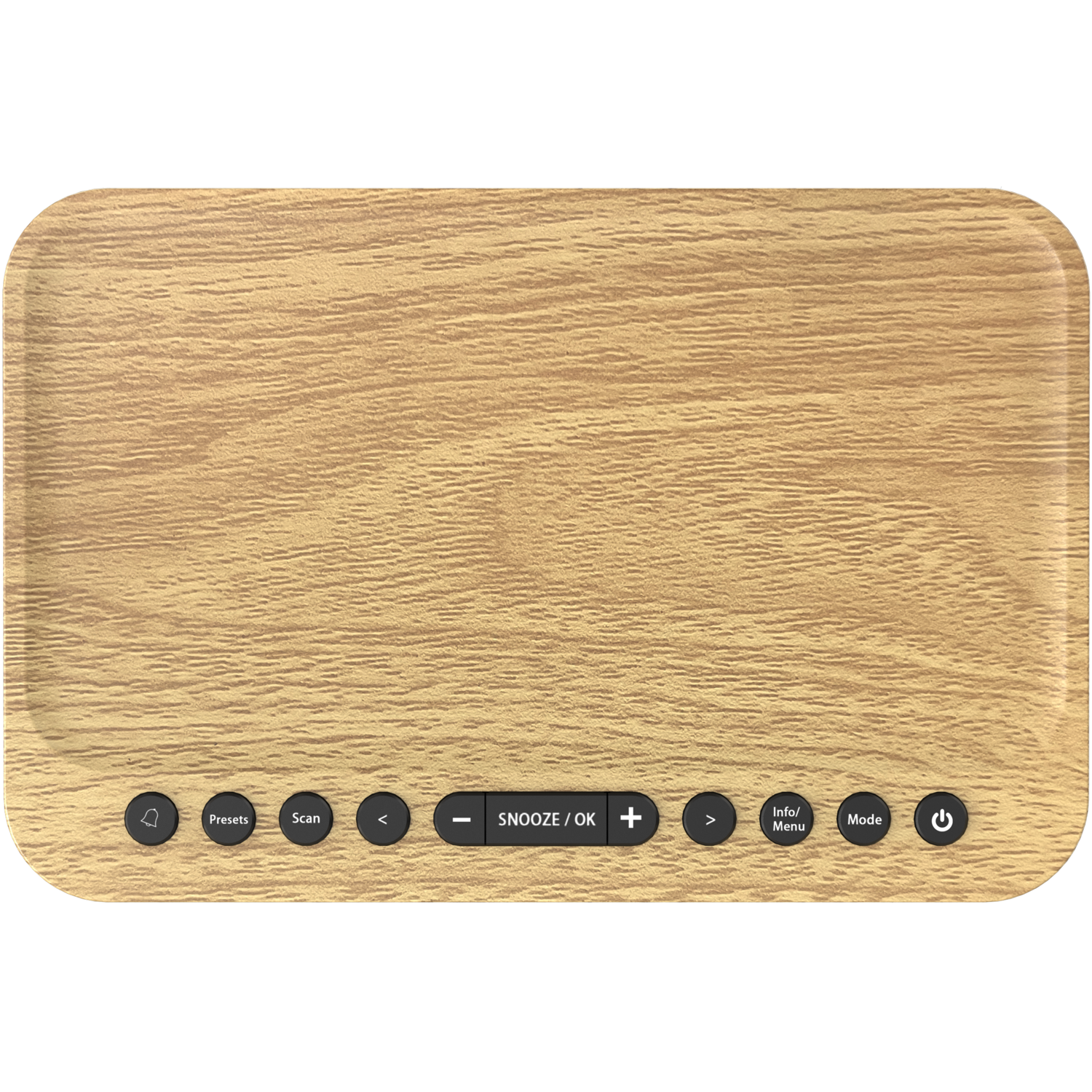 An alarm clock with buttons. The clock is on a wooden surface with a black background.