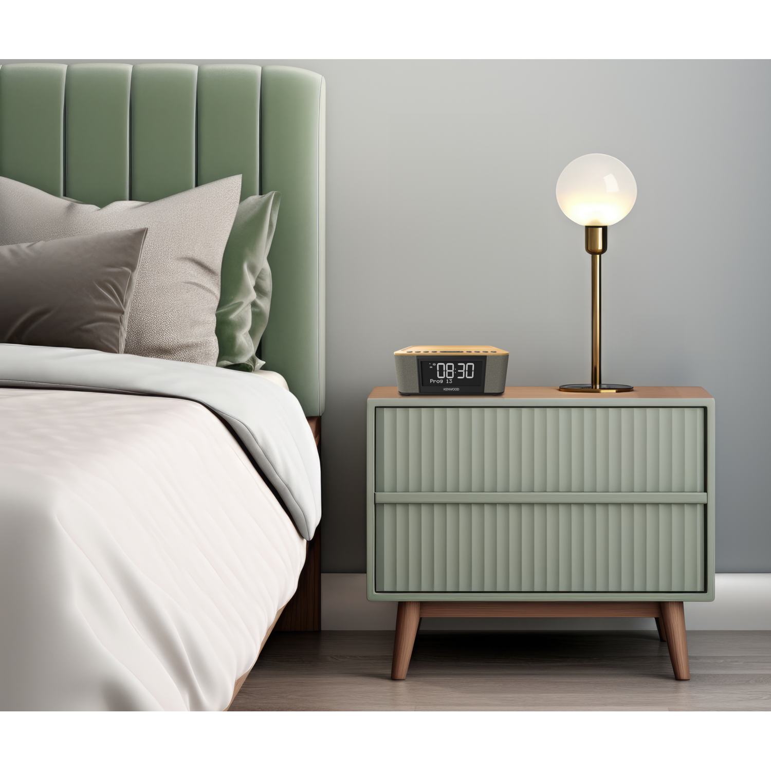 Bedroom scene with a bed, nightstand, and lamp. The nightstand has a clock on it. Soft green and grey colors.